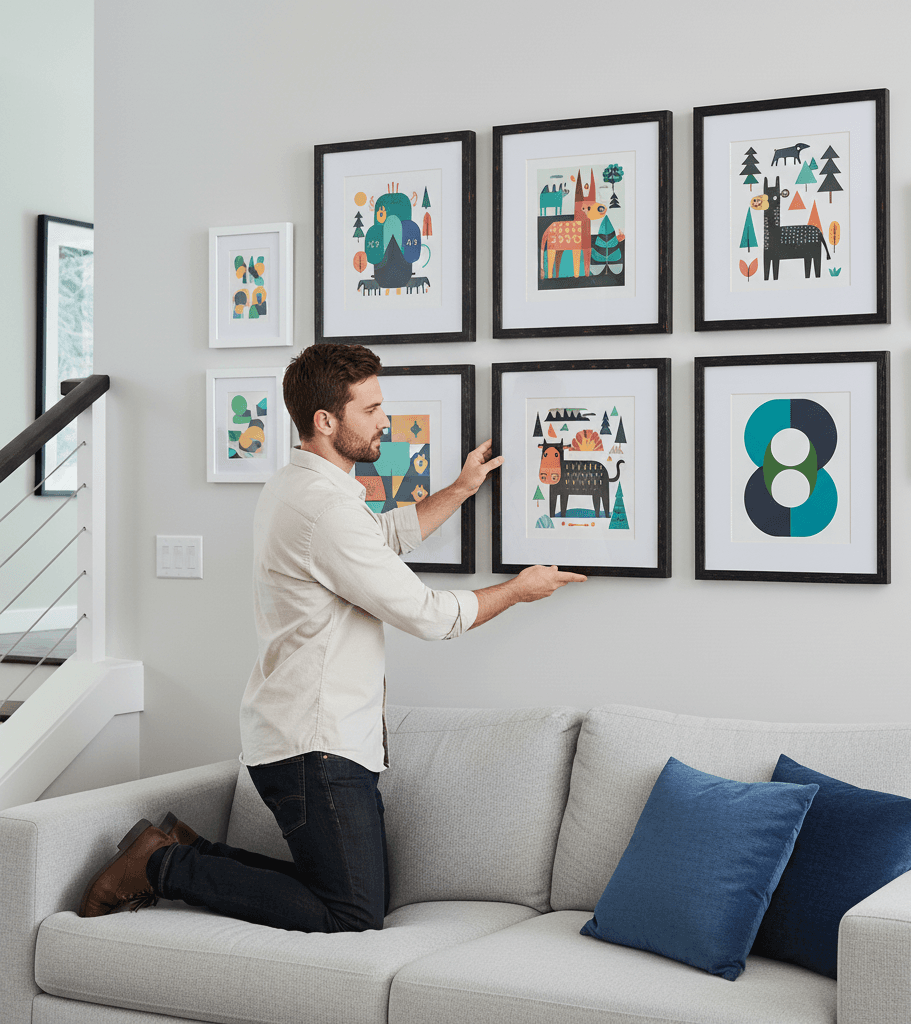 Man kneels on light gray sofa arranging gallery wall of dark wood picture frames featuring playful animal illustrations and geometric designs