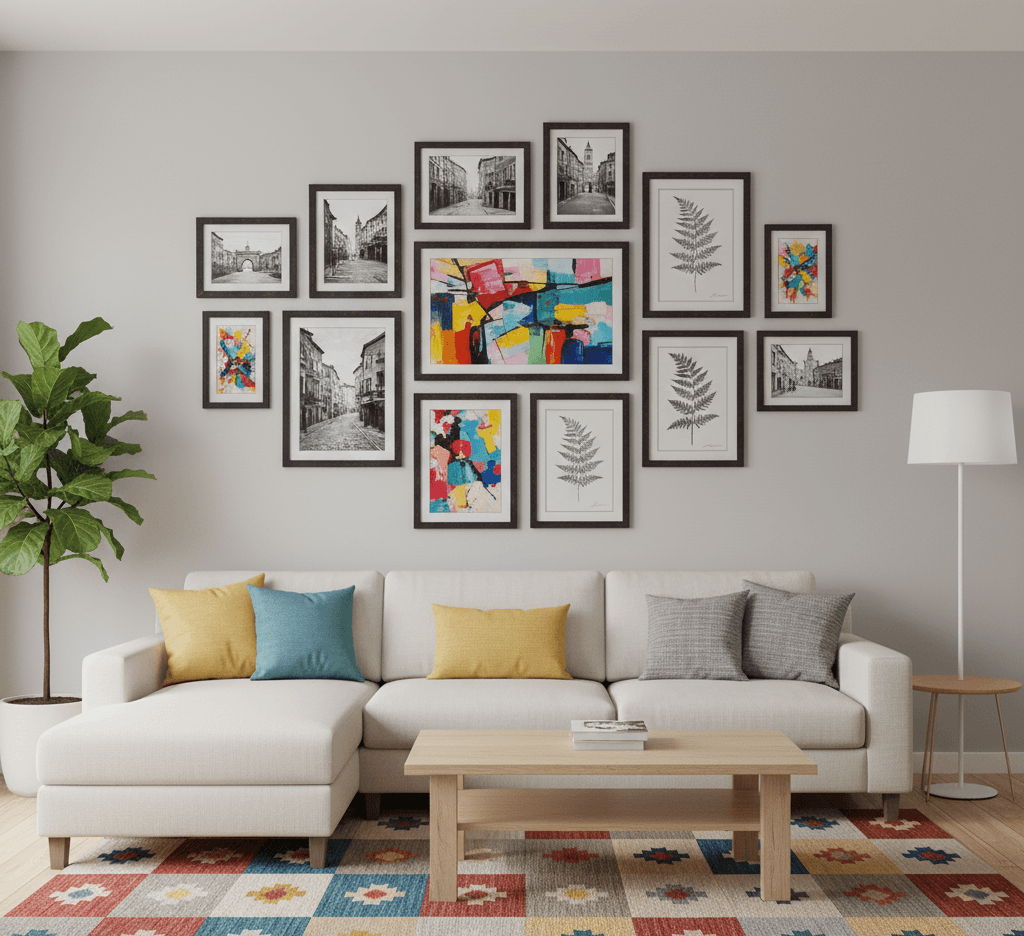 Living room with cream sofa and colorful rug features gallery wall of dark wood picture frames displaying botanical, architectural, and abstract artwork