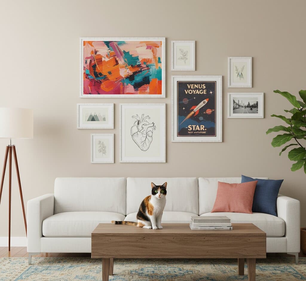 Calico cat sits on cream sectional sofa in modern living room beneath asymmetric gallery wall of farmhouse white picture frames displaying bold abstract color field painting, vintage Venus Voyage space travel poster, delicate botanical watercolor sketches, and architectural cityscape photograph with walnut coffee table and coral throw pillows