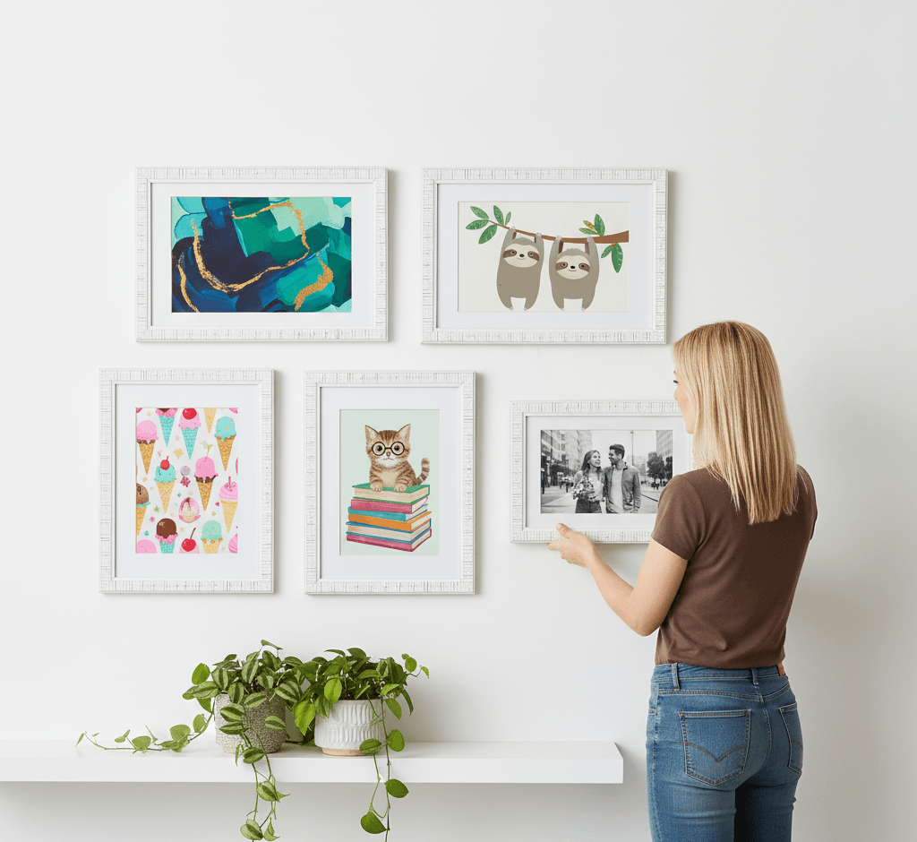 Woman arranging colorful children's artwork in distressed white picture frames including whimsical ice cream illustrations and sloth animal prints creating playful gallery wall display on light gray wall above white console with trailing houseplants