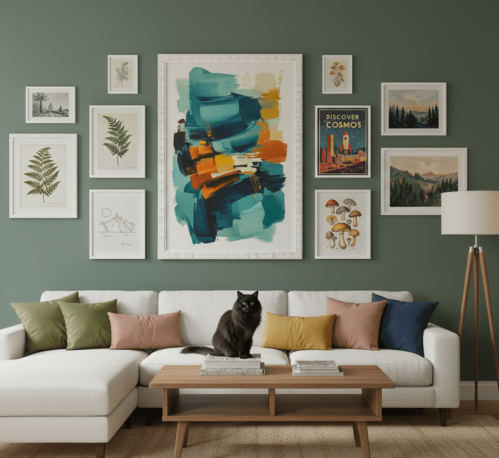 Curated gallery wall of textured white picture frames featuring large abstract expressionist painting in turquoise and tangerine tones surrounded by vintage travel poster, mushroom illustration, pressed fern botanicals, and misty landscape photography on sage green accent wall with cream sectional sofa and black cat