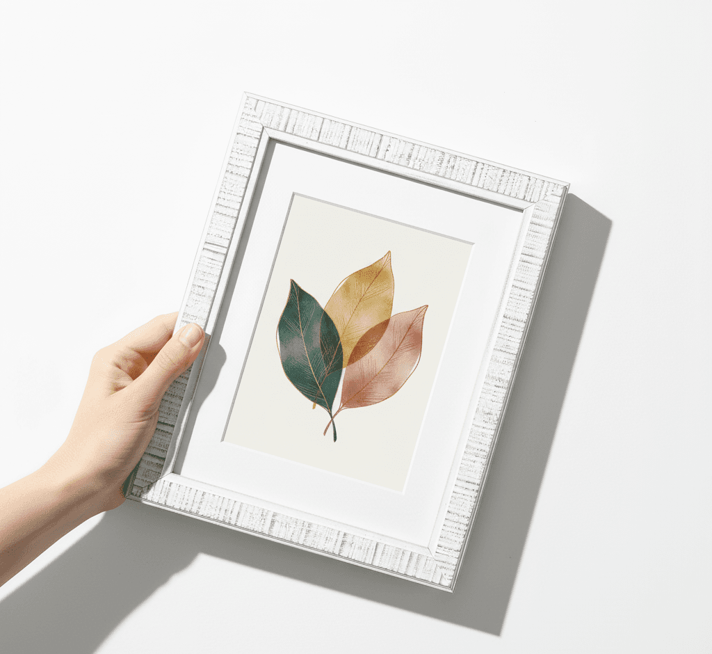 Hand holding distressed white picture frame with wide white mat board displaying pressed autumn leaves watercolor botanical art in green, gold, and pink tones illuminated by natural window light showcasing farmhouse-chic custom framing for nature prints