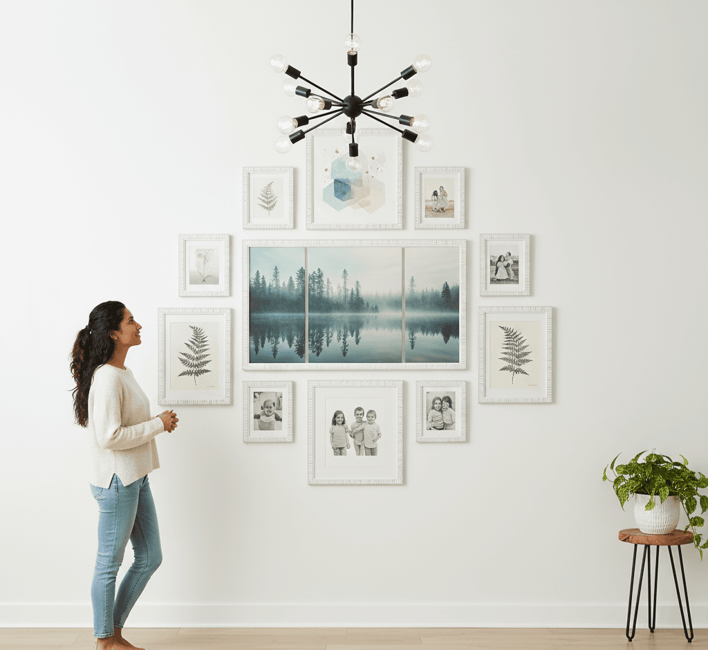 Woman admiring sophisticated gallery wall of textured white picture frames featuring wide landscape triptych of misty forest lake reflection surrounded by pressed fern botanicals, geometric abstracts, and vintage black-and-white family photographs under modern sputnik chandelier in coastal contemporary living room