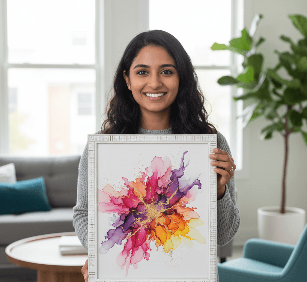 Woman in gray sweater holding distressed white picture frame with white mat board displaying vibrant alcohol ink abstract flower painting in pink, purple, orange, and yellow tones smiling in bright contemporary living room with teal accent chairs demonstrating custom framing for modern colorful artwork