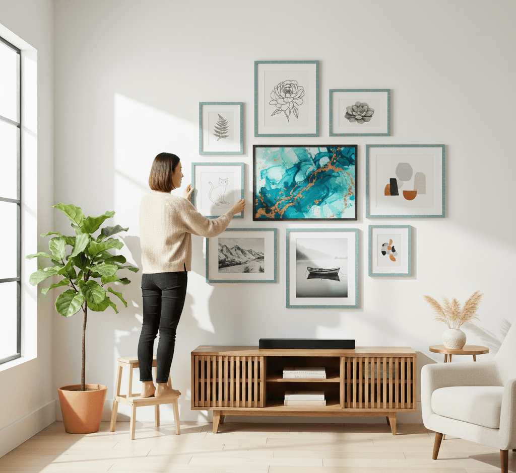 Man sitting cross-legged on floor surrounded by collection of coastal blue picture frames examining dramatic mountain sunset landscape with purple aurora sky painting in modern bright studio with geometric frames and cityscape prints demonstrating versatile custom framing options for landscape photography and travel art