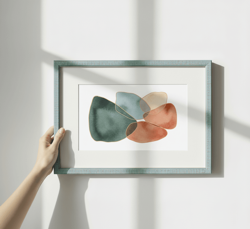Hand placing textured blue wood picture frame with white mat board displaying abstract organic shapes painting in teal, emerald green, coral pink, and beige with gold metallic accents on clean white wall with dramatic natural sunlight shadow demonstrating modern coastal custom framing for contemporary abstract art