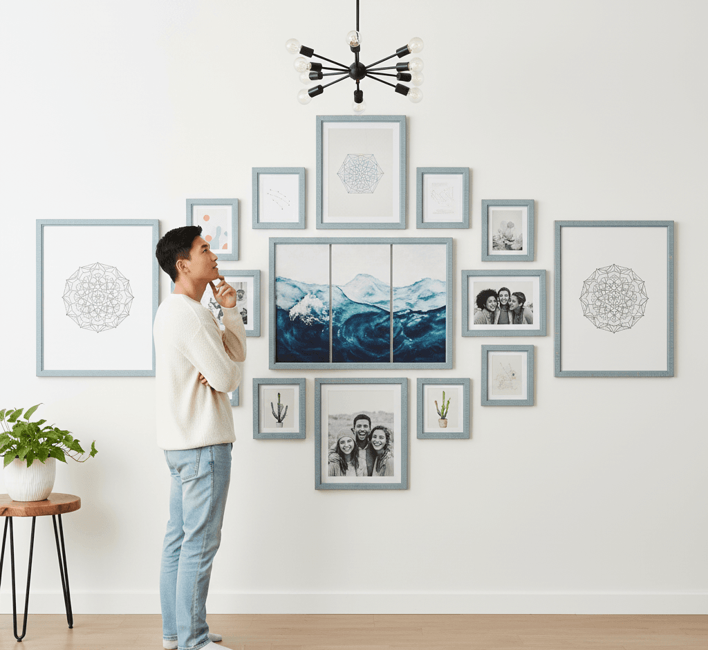 Man on credenza adjusting coastal ocean gallery wall of distressed blue picture frames featuring large seascape triptych centerpiece with rolling waves surrounded by geometric line art, constellation star maps, and minimalist abstract prints in bright modern living room demonstrating serene nautical wall styling