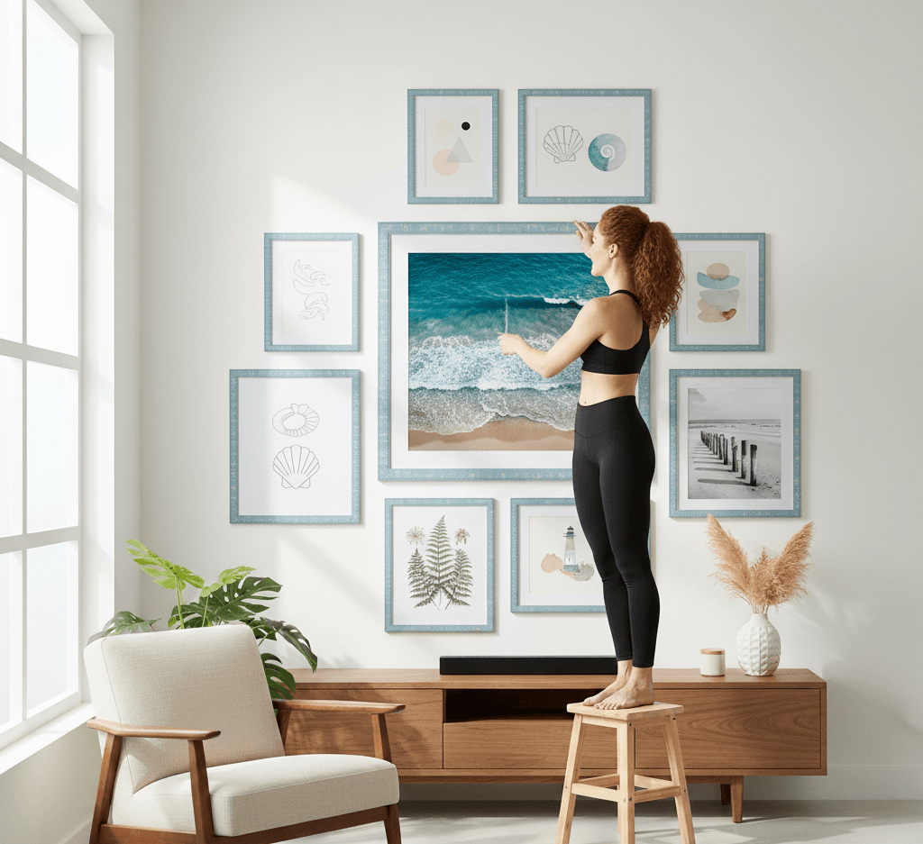 Woman in athletic clothing stands on stool adjusting gallery wall of blue-washed wood picture frames displaying ocean and seashell artwork above wooden console