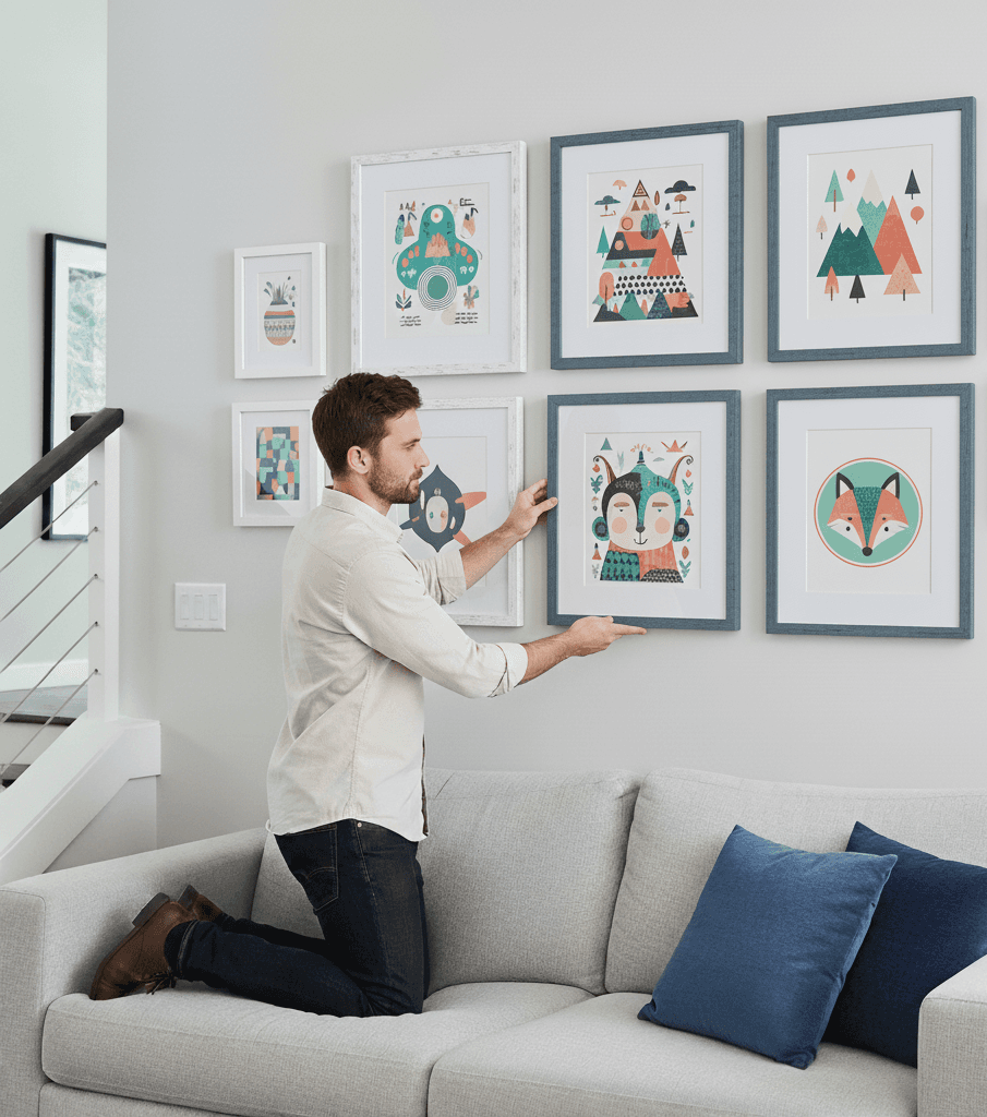 Man kneels on gray sofa arranging wall gallery of blue-washed wood picture frames featuring whimsical animal and geometric artwork