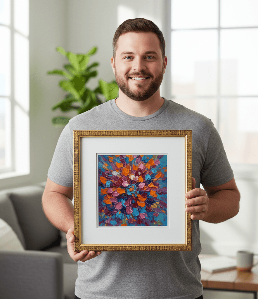 Man in gray t-shirt holds gold-textured picture frame displaying colorful abstract floral painting with blue, pink, orange, and red tones