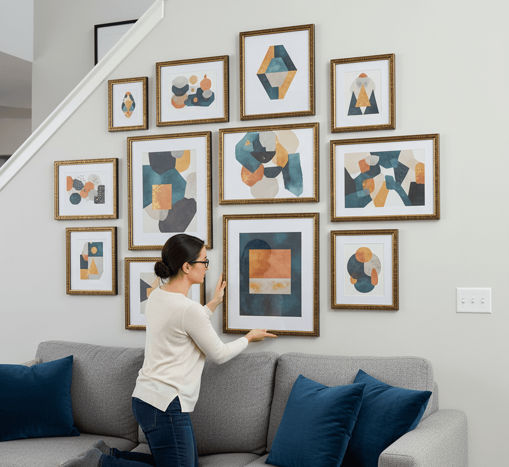 Gallery wall arrangement with ornate gold picture frames displaying geometric abstract prints in teal, navy, and gold tones in neutral living room