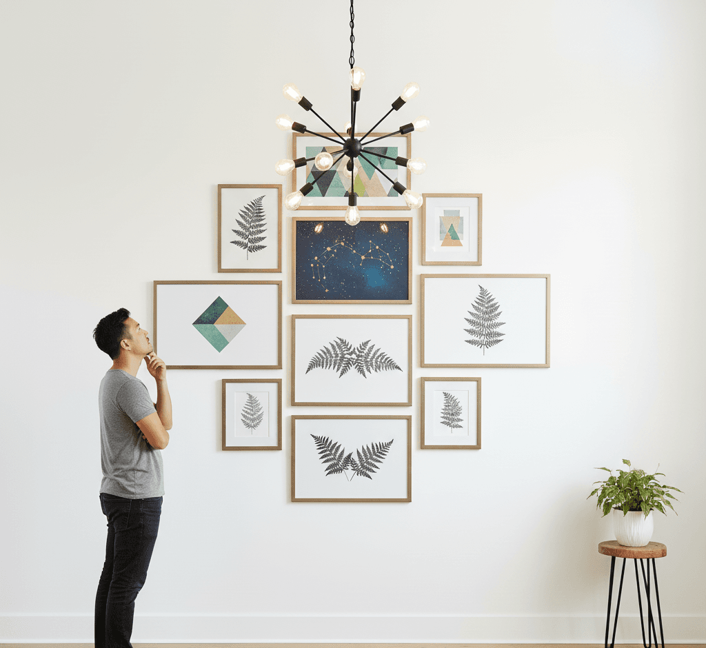 Gallery wall design featuring decorative gold picture frames with white frames displaying fern botanical prints, geometric shapes, and desert landscape photograph above media console