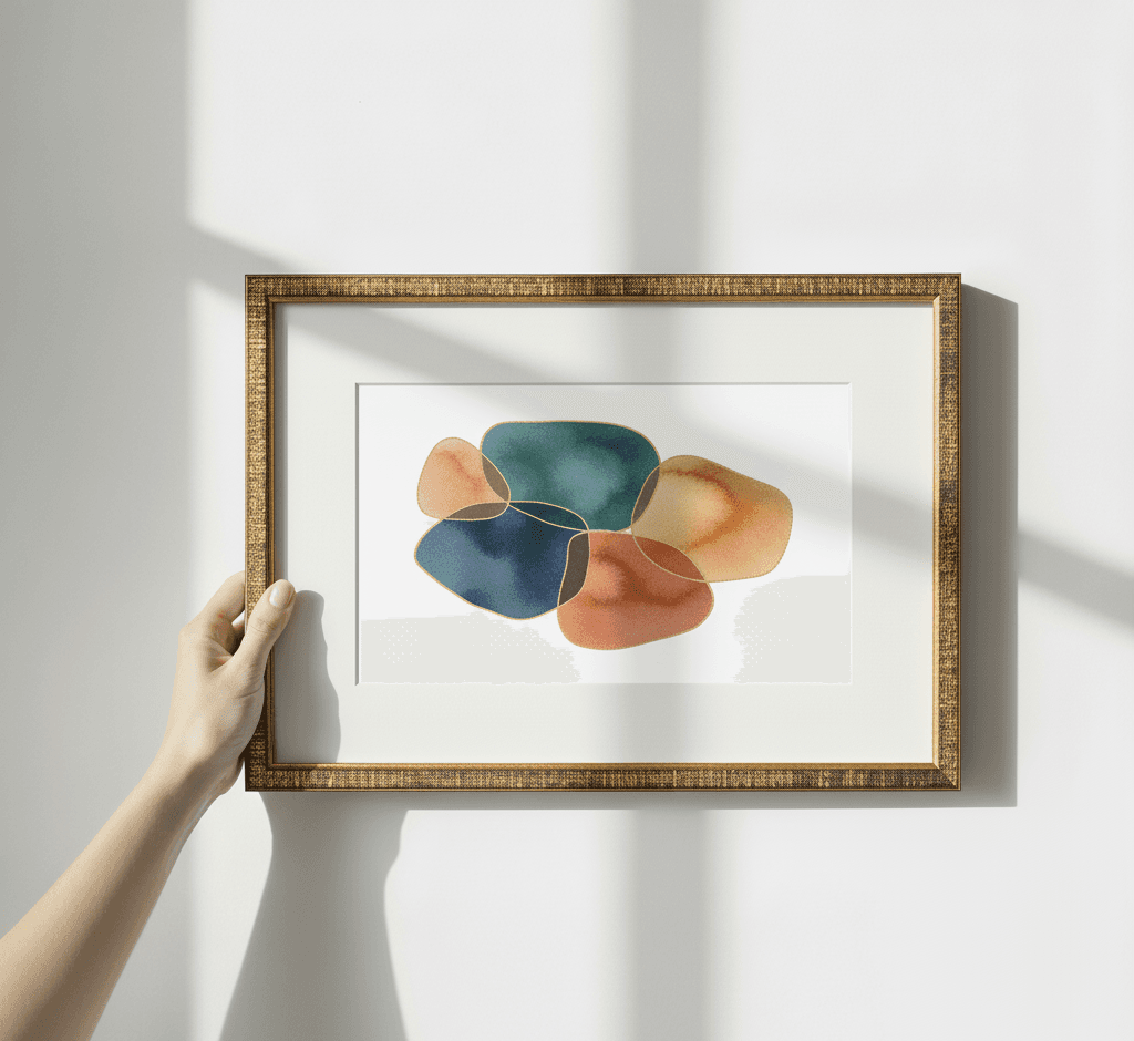 Ornate gold picture frame with white mat board showcasing modern organic abstract shapes in teal, orange, navy, and coral tones held against white wall