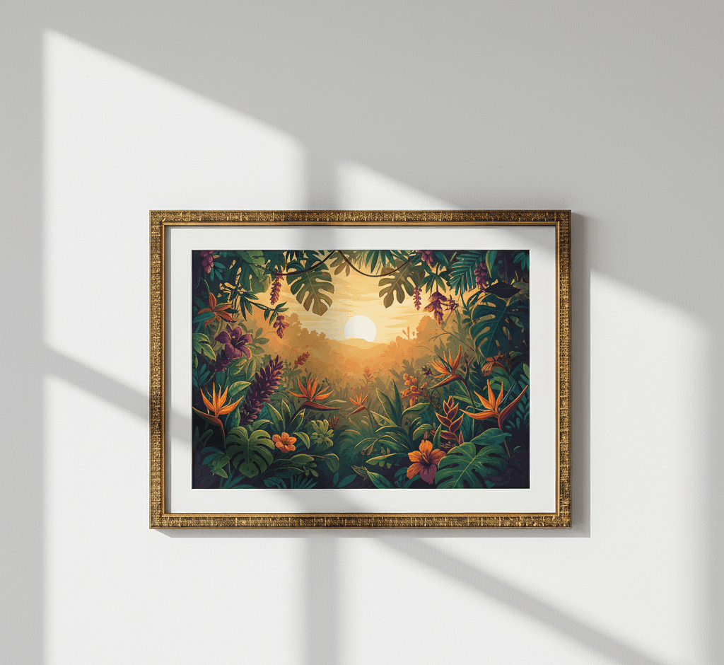 Decorative gold picture frame with white mat board displaying tropical jungle sunset artwork with birds of paradise and monstera leaves on minimalist wall