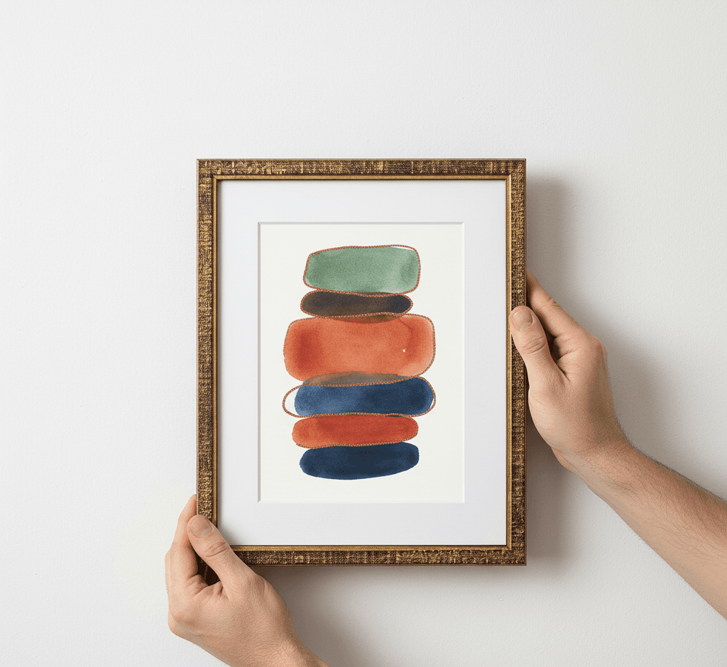 Hands holding small ornate gold picture frame with white mat displaying stacked organic shapes abstract art in teal, orange, rust, and navy watercolor tones