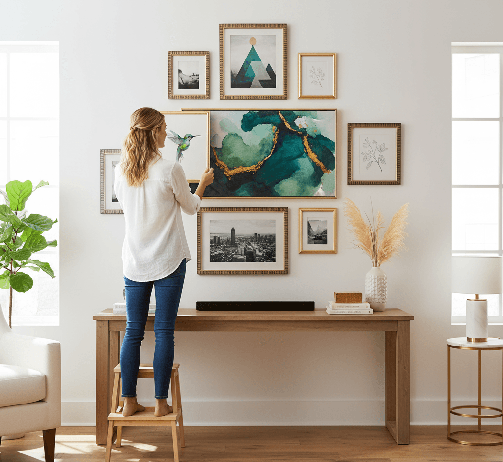 Woman barefoot on stool arranging eclectic gallery wall centered on large abstract watercolor resin art in emerald and gold with decorative gold frame surrounded by silver and gold picture frames displaying geometric mountain art, hummingbird illustration, vintage cityscape photography, and botanical line drawings