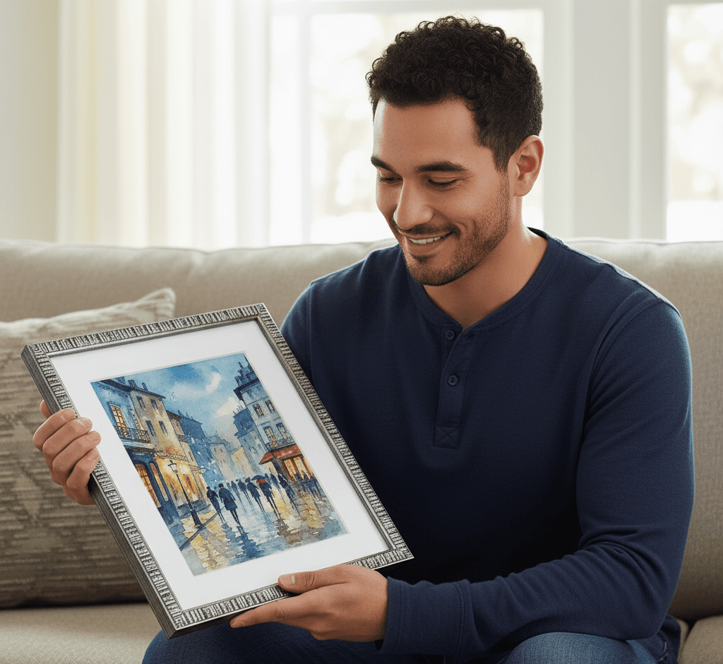 Man in navy polo shirt admiring custom silver picture frame with white mat board displaying watercolor European street scene painting featuring rainy Paris café with pedestrians and colorful architecture in cozy living room