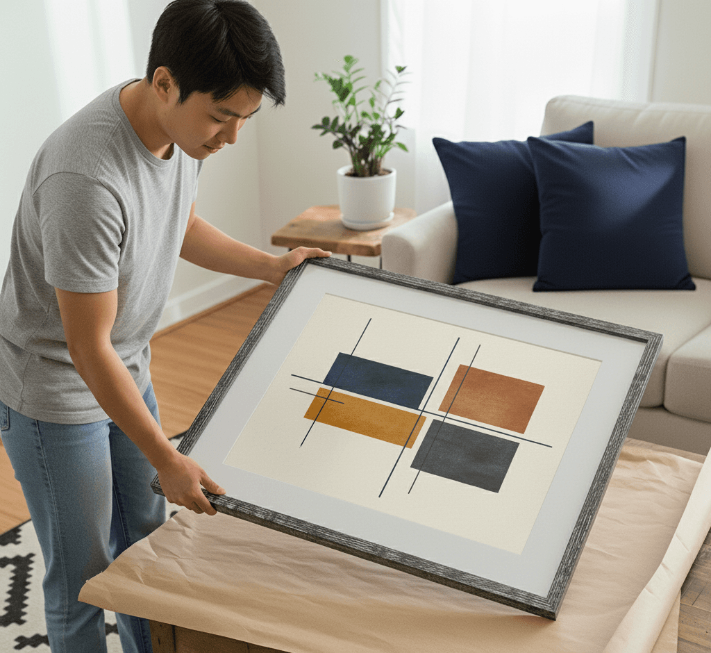 Man in gray t-shirt presenting large textured silver picture frame with cream mat board displaying modern geometric abstract art in navy blue, terracotta, gold, and teal rectangular shapes in contemporary minimalist living room