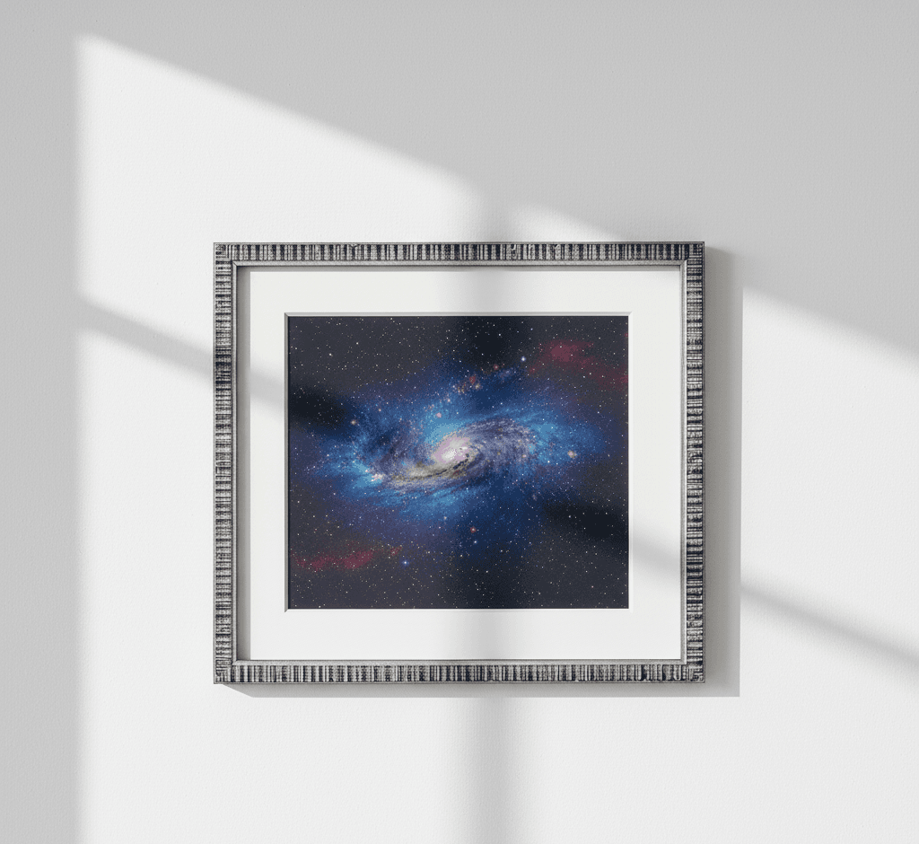 Detailed textured silver picture frame with white mat board showcasing stunning spiral galaxy space photography with vibrant blue, purple, and magenta nebula stars and cosmic dust in dramatic natural window light
