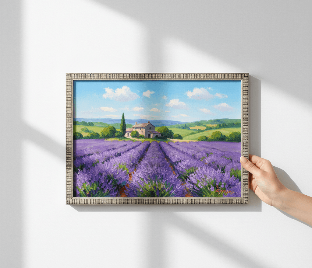 Close-up of hand holding silver picture frame featuring landscape painting of lavender field leading to farmhouse under blue sky