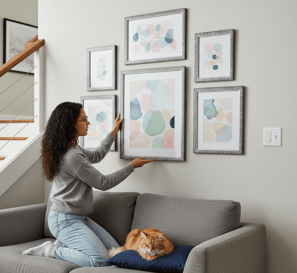 Woman on gray sofa arranging asymmetric cluster gallery wall of five textured silver picture frames with white mat boards displaying minimalist watercolor organic shapes and pebbles in soft pastel pink, teal, sage, and cream tones with orange tabby cat resting nearby