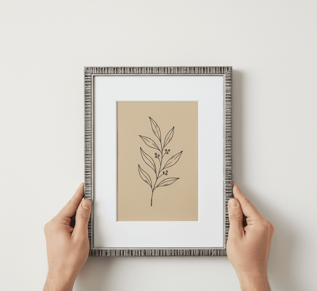 Hands holding textured silver picture frame with white mat board showcasing minimalist botanical line art drawing of simple leaf branch on natural kraft paper background in clean contemporary style