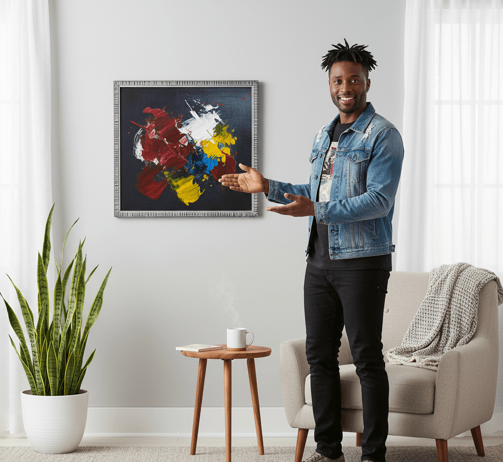 Man in denim jacket presenting textured silver picture frame displaying bold abstract expressionist painting with dynamic red, yellow, blue, and white gestural brushstrokes on dark charcoal background in modern minimalist living room with snake plant and mid-century side table