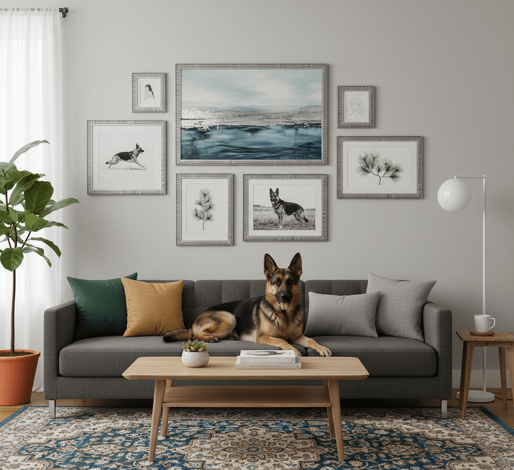 Gray sofa with colorful pillows sits beneath gallery wall of silver picture frames displaying dog portraits, trees, and landscape artwork, with German shepherd resting on sofa