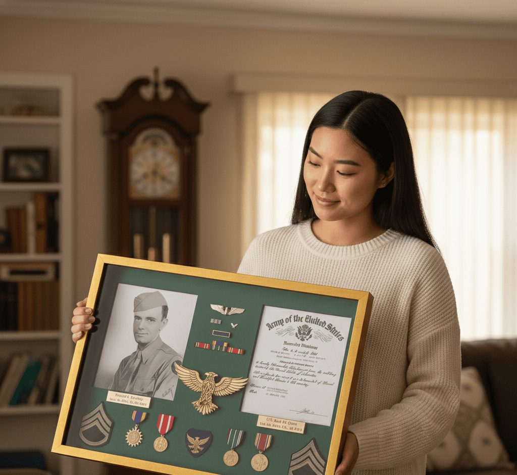 Gold shadowbox frames for custom memorabilia display