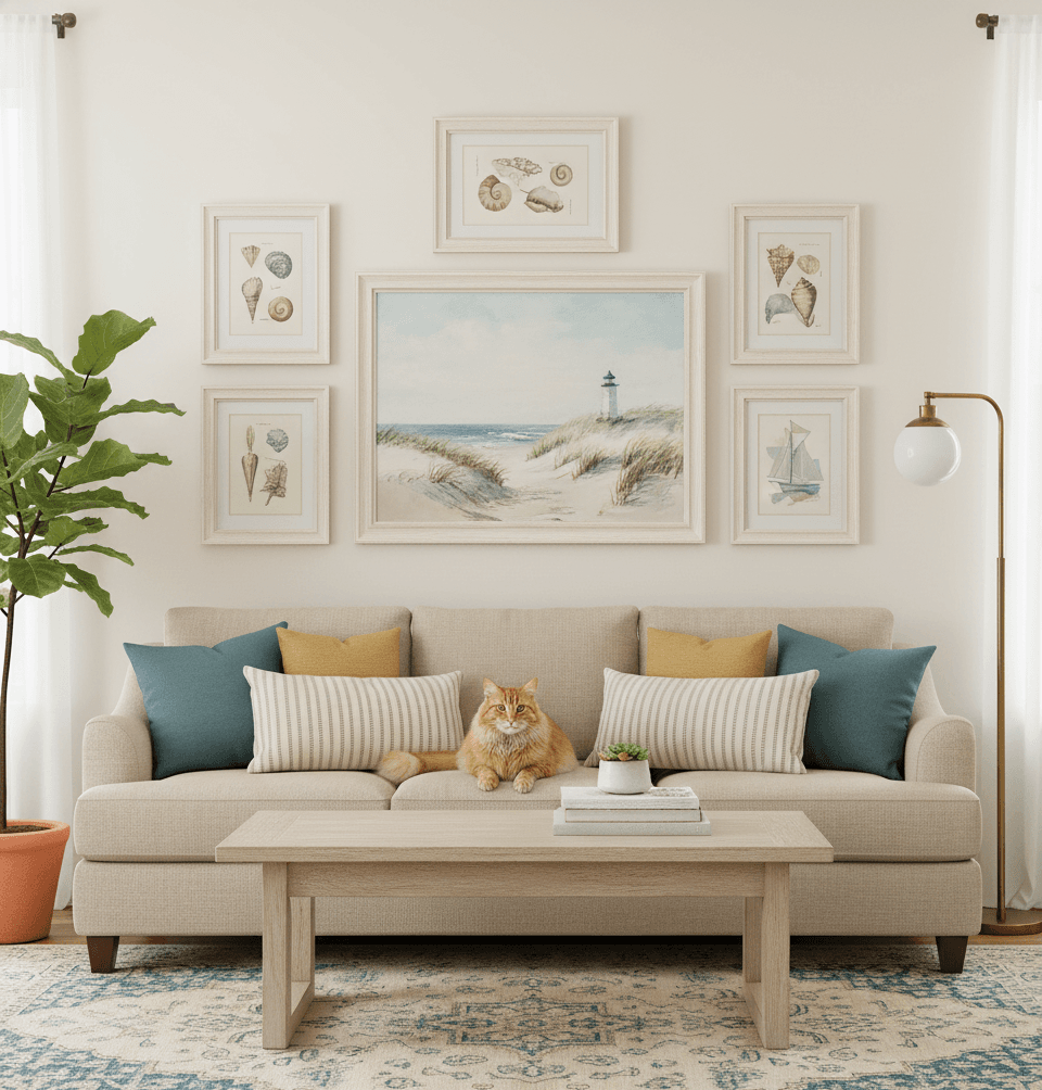 Coastal White picture frames gallery wall above beige sofa featuring framed seashell collections coral fan illustrations sailing boat sketches ocean waves and lighthouse photography in whitewashed wood frames with white mats creating serene beach house living room display