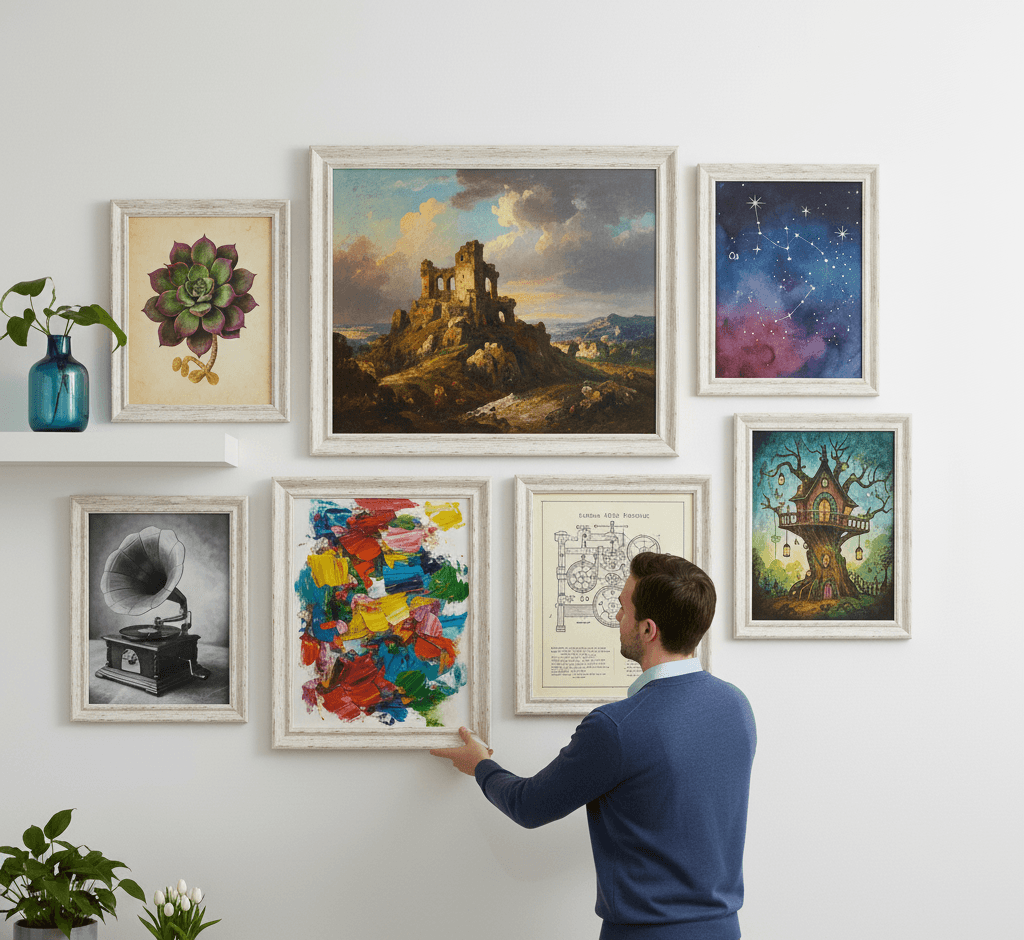 Man adjusts Coastal White picture frame in eclectic gallery wall featuring oil painting of European castle ruins colorful abstract expressionist art vintage gramophone photography succulent botanical illustration constellation star chart and whimsical tree house painting all in whitewashed wood frames