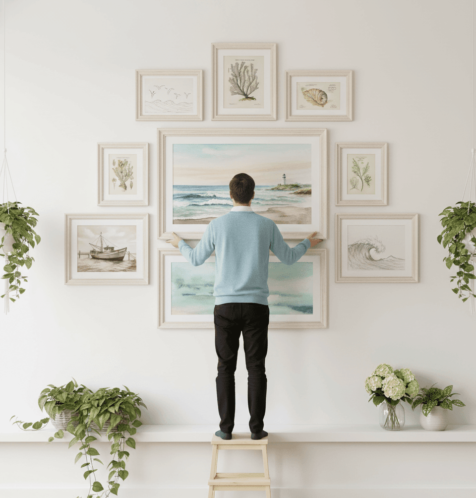 Man on wooden stool arranges nine Coastal White picture frames symmetrical gallery wall featuring coastal watercolor seascapes ocean waves abstract beach scenes shell collection and botanical prints all in whitewashed wood frames with white mats beside hanging plants creating bright coastal wall display