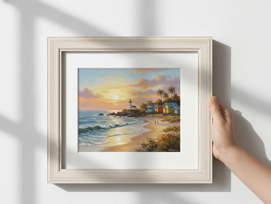 Hand holds Coastal White picture frame with double white mat showcasing tropical sunset painting with palm trees red-roofed cottage classic lighthouse golden hour beach scene perfect for beach house framing in substantial whitewashed wood custom frame