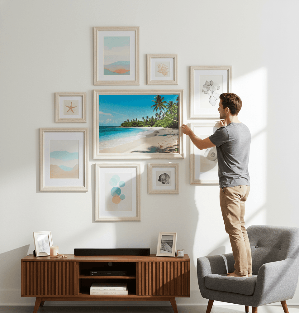 Man standing on chair arranges ten Coastal White picture frames asymmetric gallery wall featuring tropical beach photography with palm trees coral reef underwater scenes seashell watercolors ocean abstracts and coastal botanical art in whitewashed wood frames above modern media console creating dynamic beach-themed wall display