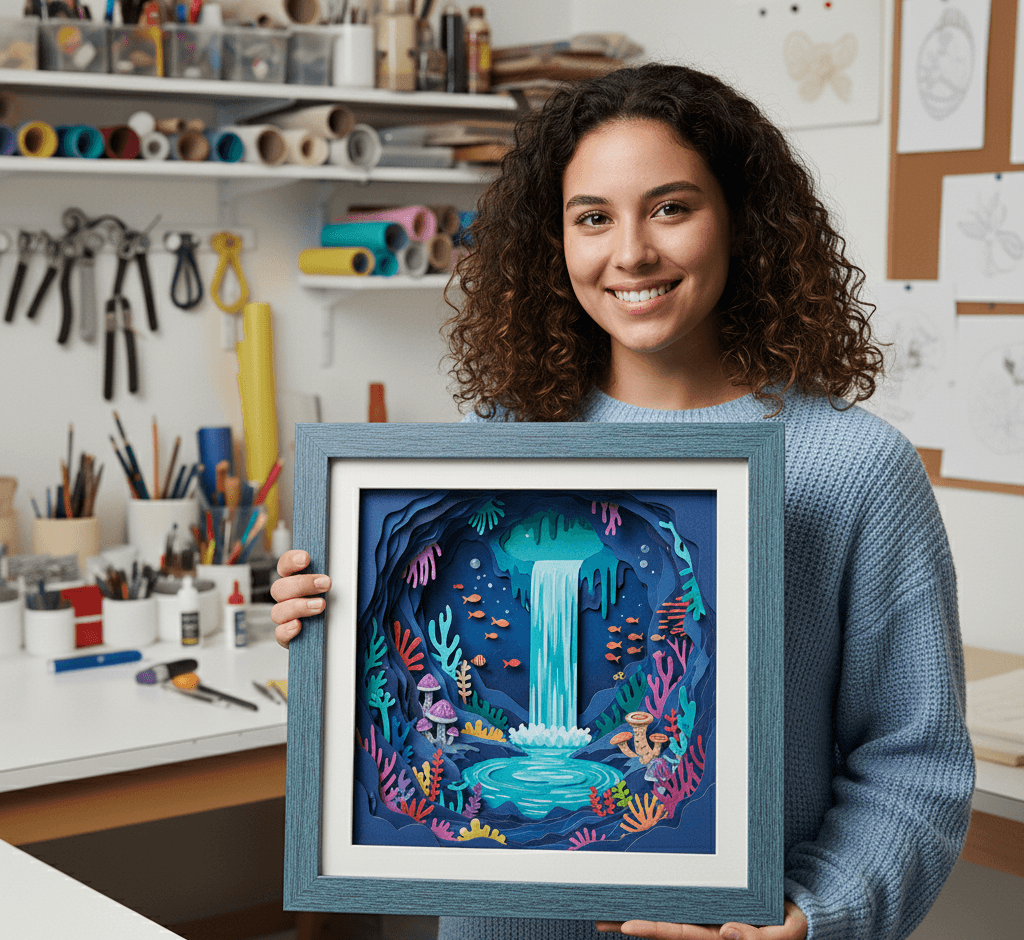 Barn blue shadowbox frame showcasing layered paper cut ocean scene with waterfall, fish, and coral reef artwork