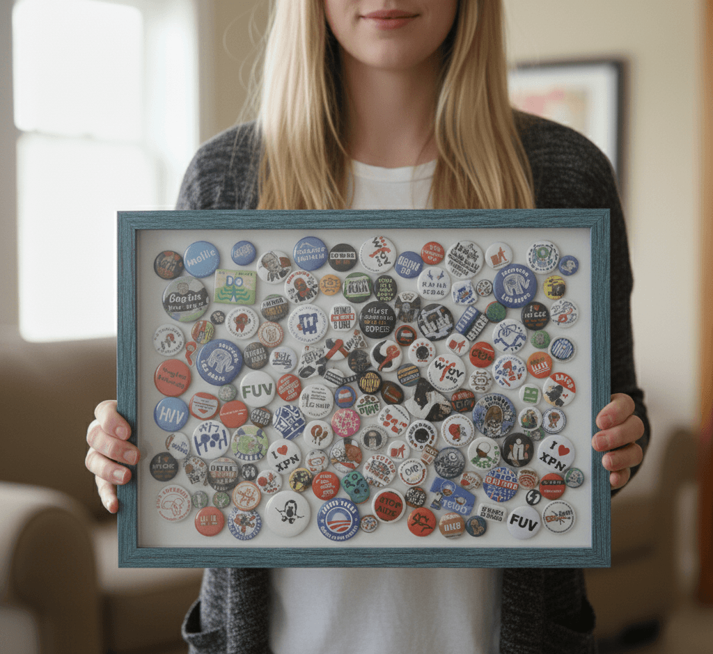 Woman displaying vintage political button collection in weathered barn blue shadowbox picture frame