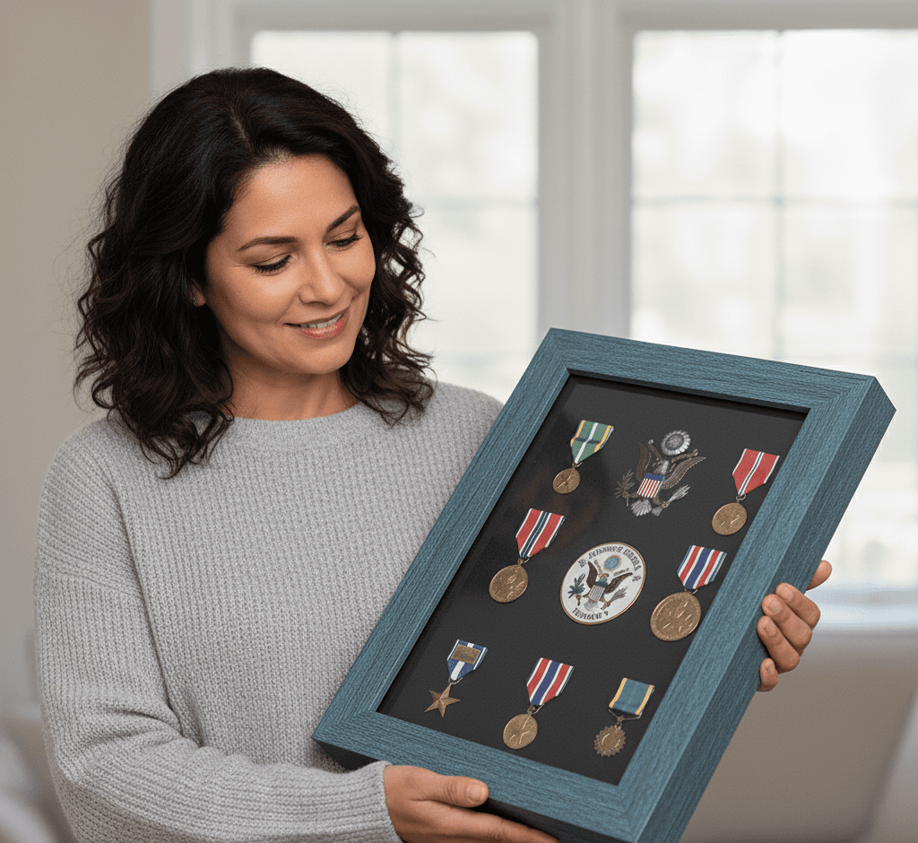 Weathered barn blue shadowbox displaying military service medals including Purple Heart and bronze stars on black velvet