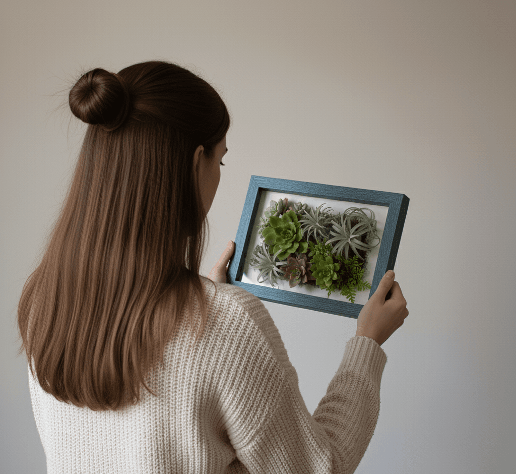Living succulent vertical garden arranged in weathered barn blue shadowbox frame with air plants and echeveria
