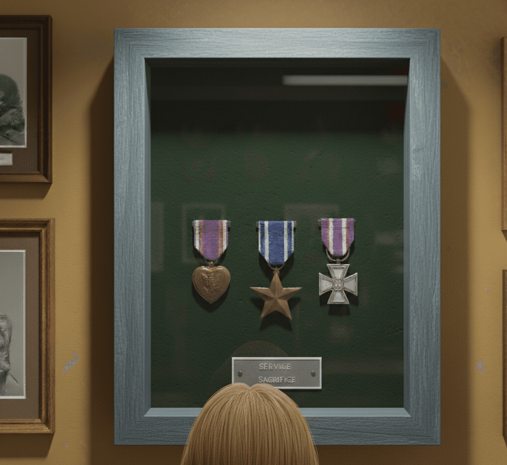 Wall-mounted barn blue shadowbox displaying three military valor medals with SERVICE SACRIFICE plaque on green velvet