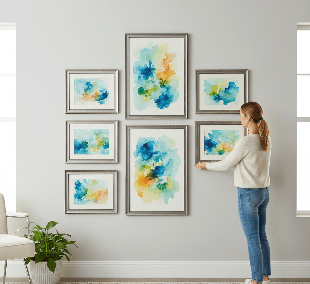 Abstract watercolor gallery wall with seven coordinated paintings in matching Iron Ore Silver picture frames arranged in salon-style grid layout - illustrating silver picture frame collections for modern art series, coordinated color palettes, and multi-opening gallery wall displays