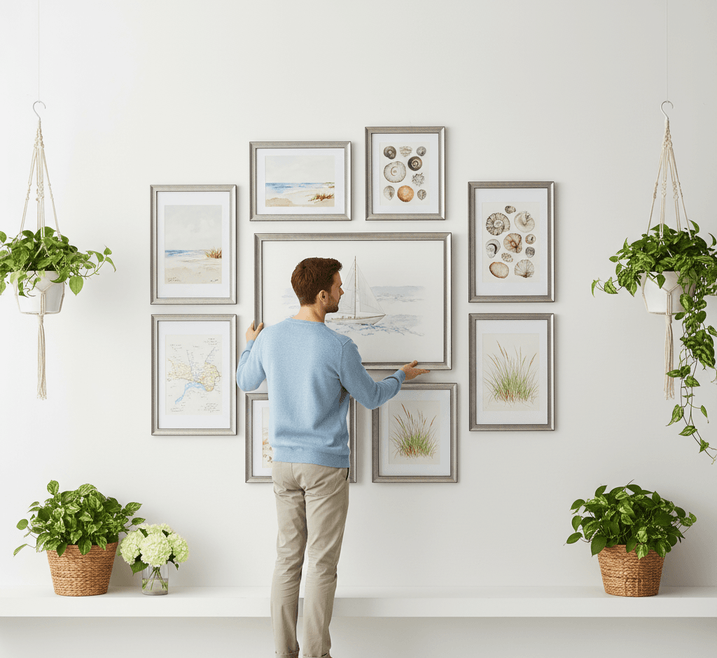 Coastal nautical gallery wall with sailing vessel centerpiece, seashell collections, vintage maps, and beach grass illustrations in coordinated Iron Ore Silver picture frames - illustrating wide silver picture frames for maritime themes, coastal décor, and beach house gallery wall arrangements