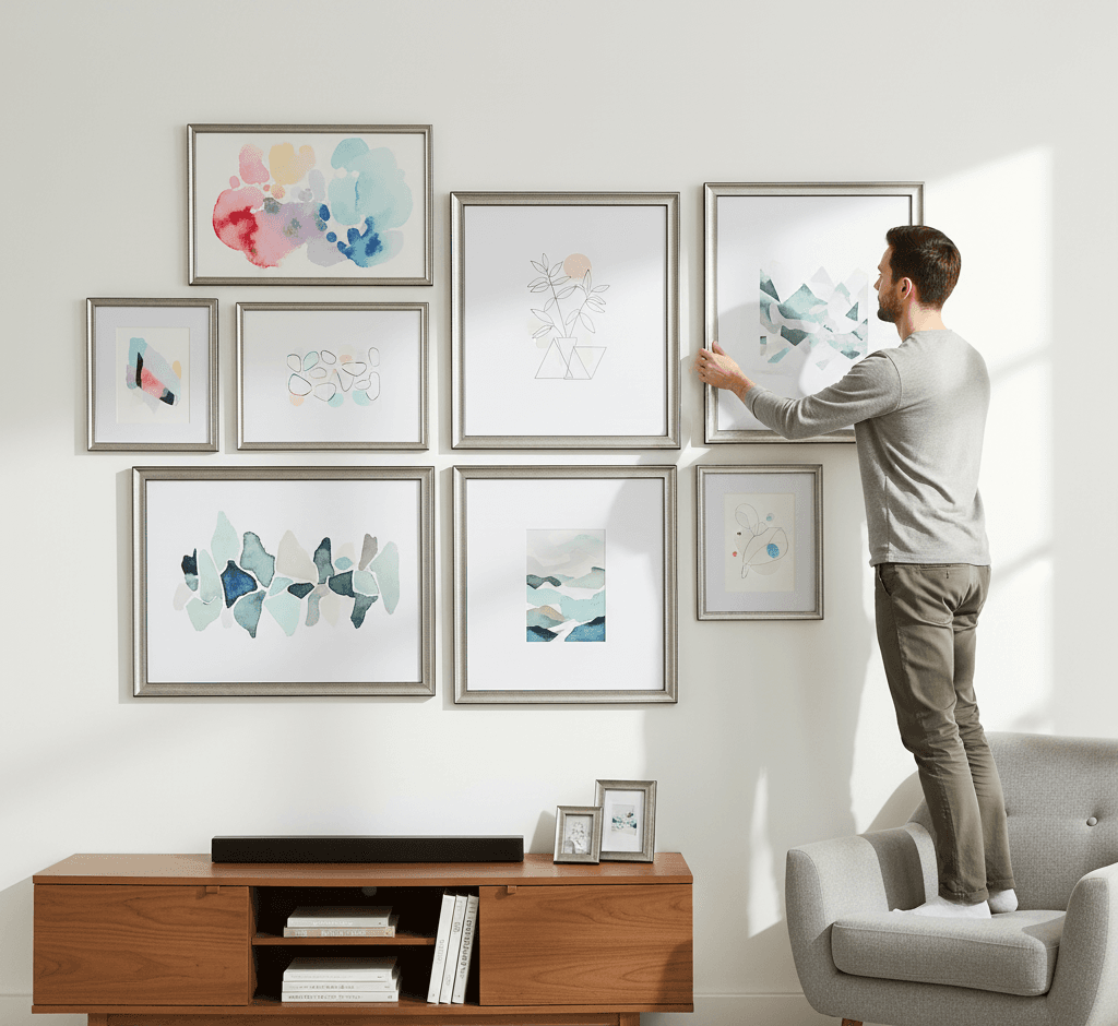 Woman admiring classical still life painting of colorful flowers in ornate baroque gold picture frame while seated in contemporary interior - illustrating traditional gold picture frames for botanical art, floral paintings, and timeless artwork requiring elaborate decorative moulding with scrollwork details