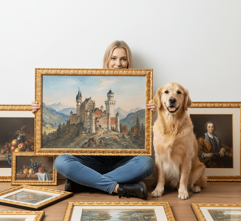 Woman and golden retriever surrounded by collection of Royal Gold baroque picture frames featuring Neuschwanstein castle painting, classical still life artwork, and traditional portraits on hardwood floor - demonstrating ornate 1 inch gold picture frames for fine art collections, oil paintings, and family heirloom framing with elaborate scrollwork moulding