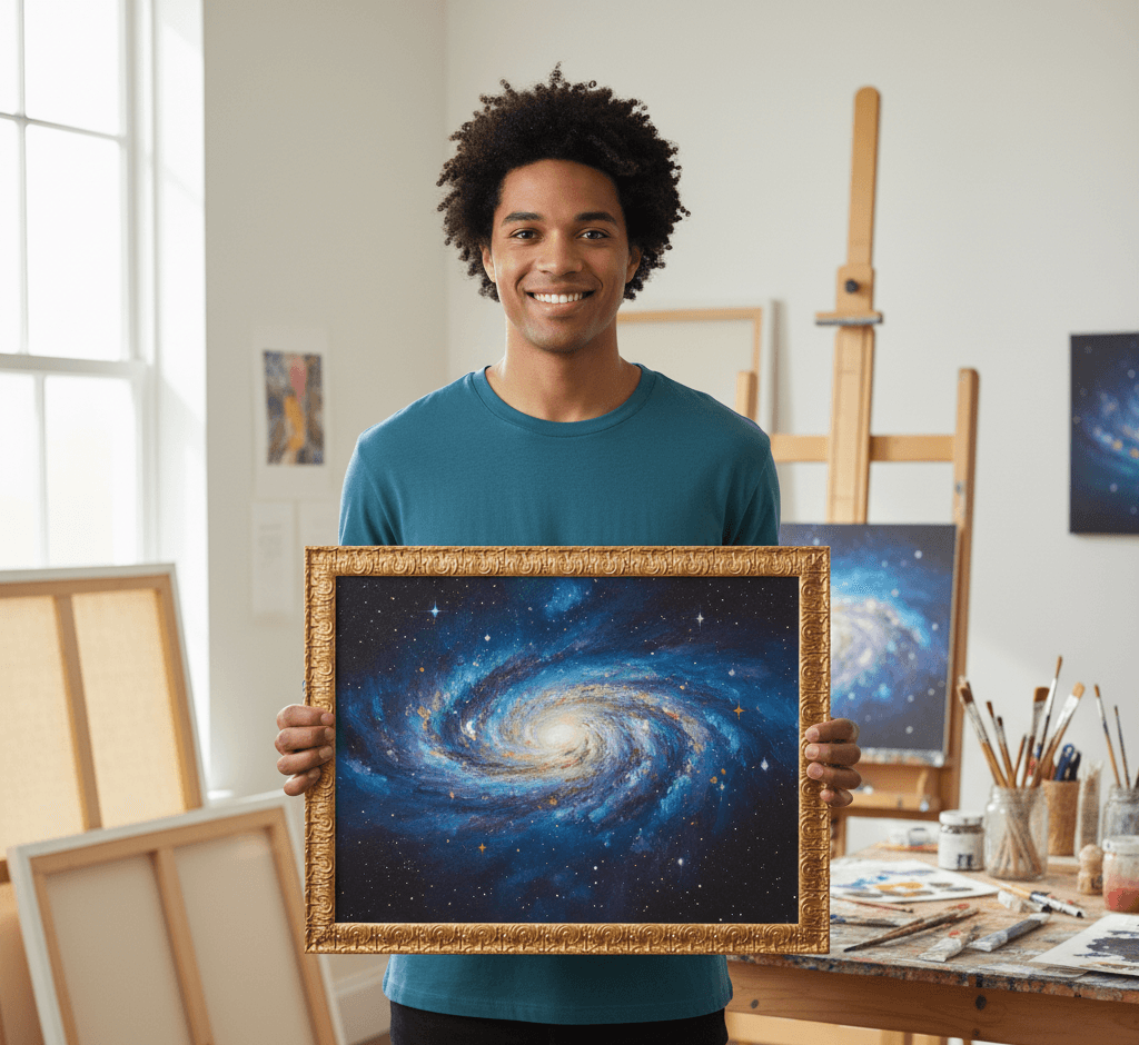 Artist displaying spiral galaxy space photography with stunning cosmic detail in Royal Gold ornate baroque picture frame in natural light art studio - demonstrating traditional decorative gold picture frames for astrophotography, celestial artwork, and scientific imagery requiring classical ornate framing for contrast with modern subjects