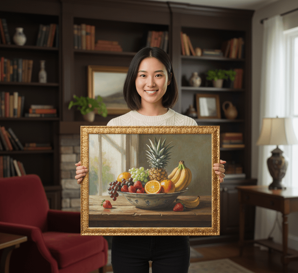 Professional woman holding classical fruit still life painting featuring pineapple and grapes in Royal Gold ornate baroque picture frame in elegant home library - illustrating traditional decorative gold picture frames for still life artwork, classical paintings, and formal dining room art requiring elaborate 1 inch carved moulding with baroque scrollwork details