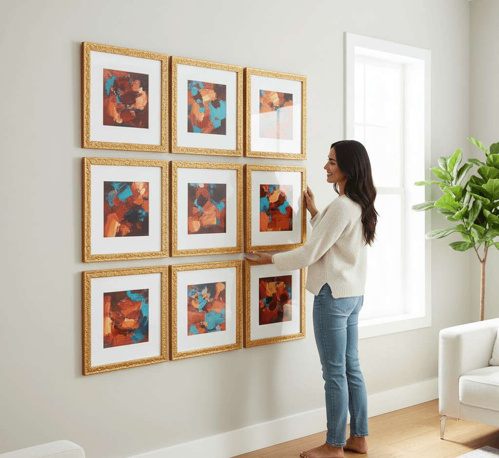Gallery wall grid installation featuring nine Royal Gold ornate baroque picture frames with abstract copper and turquoise art pieces arranged in symmetrical 3x3 pattern - showcasing decorative gold picture frame sets for coordinated contemporary abstract art displays and uniform multi-frame wall arrangements with classical scrollwork moulding