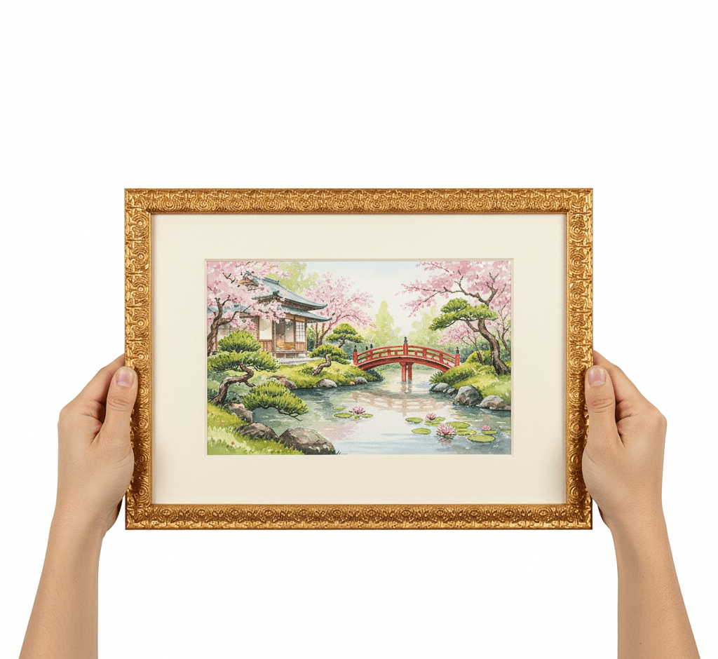 Hands holding Japanese garden watercolor with cherry blossoms, koi pond, and red bridge in Royal Gold ornate baroque picture frame with white mat - illustrating traditional decorative gold picture frames for Asian art, botanical watercolors, and matted artwork requiring elaborate 1 inch scrollwork moulding with classical baroque detailing