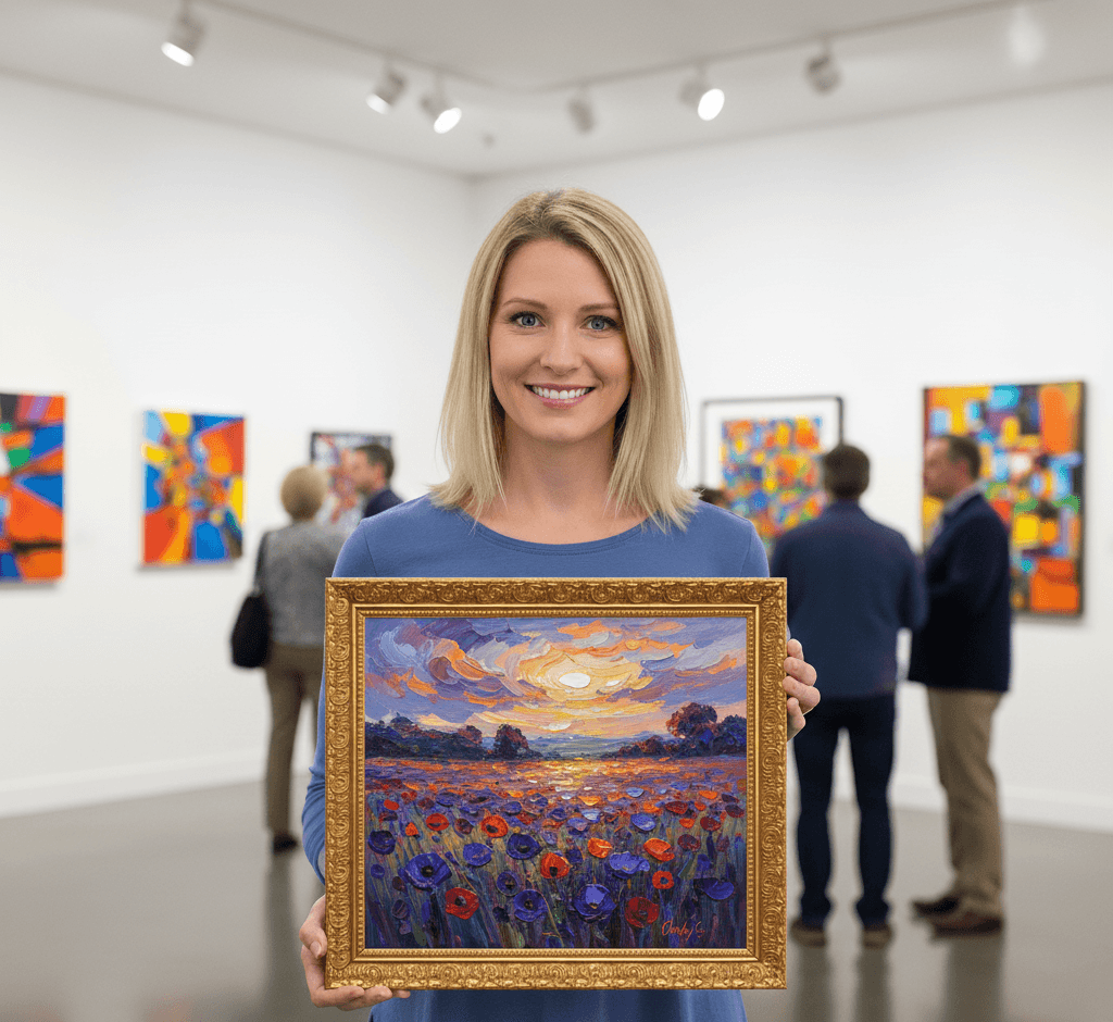 Woman displaying impressionist wildflower field painting with vibrant poppies and sunset clouds in Royal Gold ornate baroque picture frame at contemporary art gallery opening - showcasing traditional decorative gold picture frames for impressionist artwork, botanical landscape paintings, and gallery exhibition framing with elaborate 1 inch scrollwork moulding detail