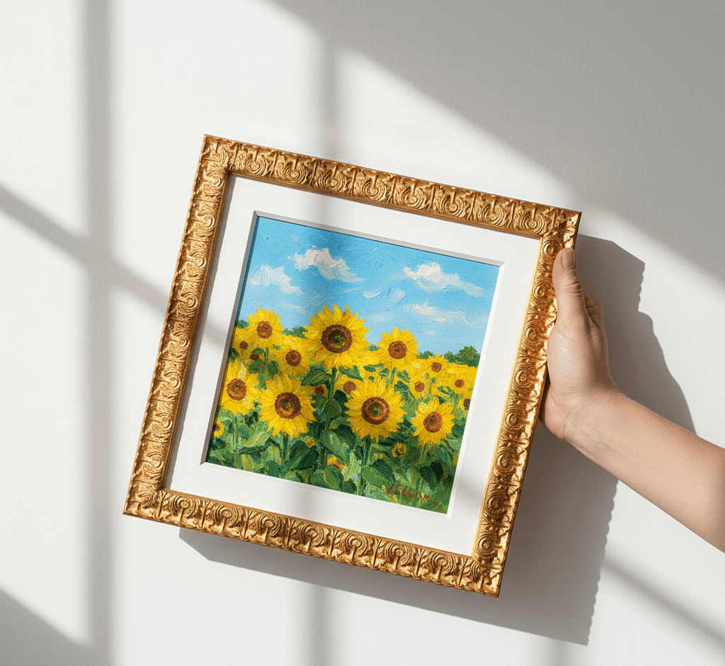 Hand holding sunflower field oil painting with white mat in Royal Gold ornate baroque picture frame with dramatic natural window light - illustrating traditional decorative gold picture frames for botanical artwork, floral landscape paintings, and matted canvas art requiring classical 1 inch scrollwork moulding with baroque detailing