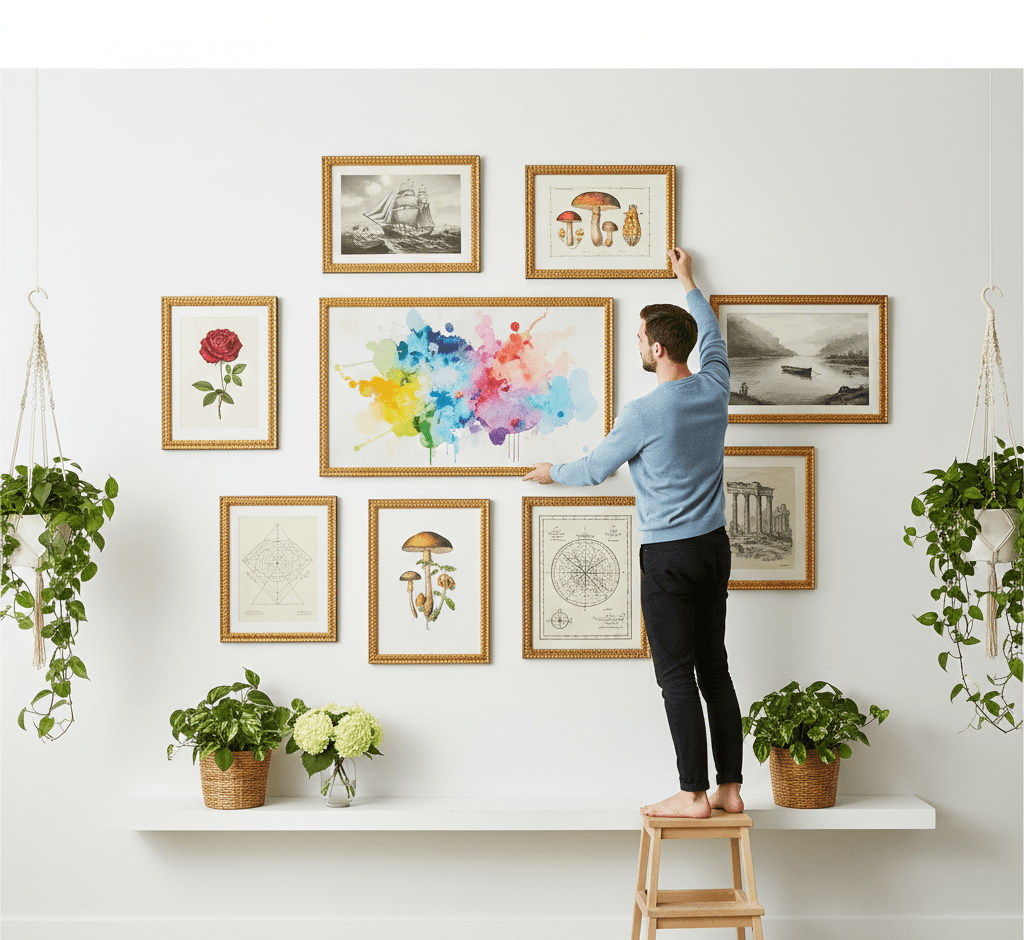 Man on step stool curating eclectic gallery wall with Royal Gold ornate baroque picture frames featuring watercolor world map, vintage botanical mushroom illustrations, nautical ship engraving, misty landscape photographs, and red rose botanical print - demonstrating decorative gold picture frame versatility for mixed media collections and natural history illustrations with classical scrollwork moulding